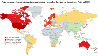 Poids carbone par habitant selon les données de Hertwich et Peters (2009)